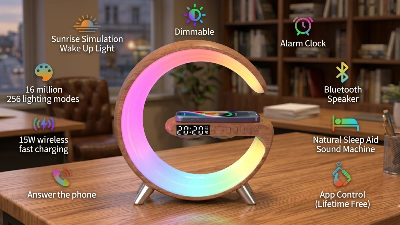 Smart RGB LED Lamp with Wireless Charger & Bluetooth Speaker